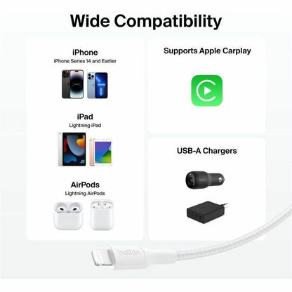 Belkin Braided USB-A Cable With Lightning Connector, 3.3ft/1m, White - CAA020fq1MWH